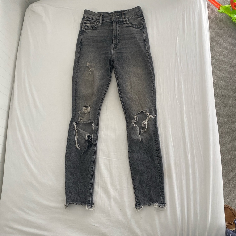 MOTHER Skinny Distressed Black/Gray Jeans, Size 24
